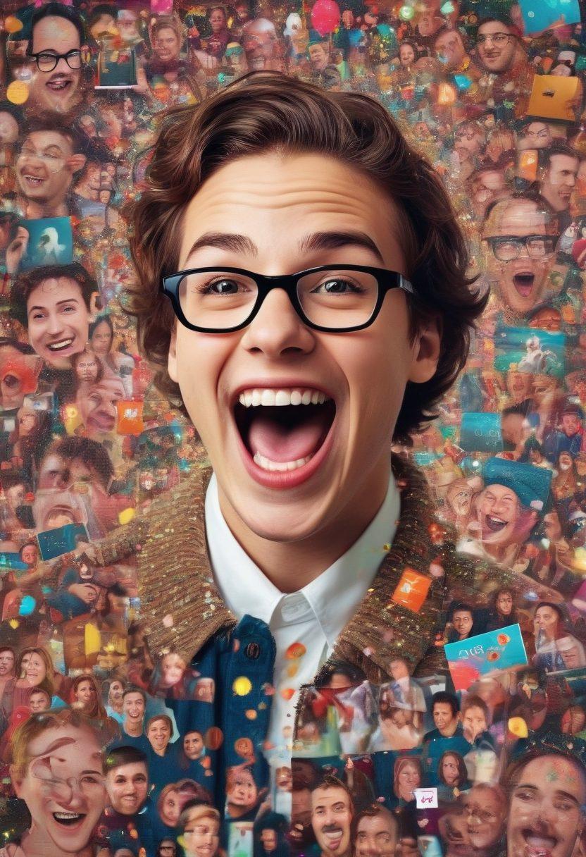 A collage of dynamic video frames featuring people laughing, iconic internet memes, and trending animations, all bursting with energetic colors. The background should incorporate streaming video icons and playful confetti to enhance the festive vibe. Pixel art. vibrant colors.