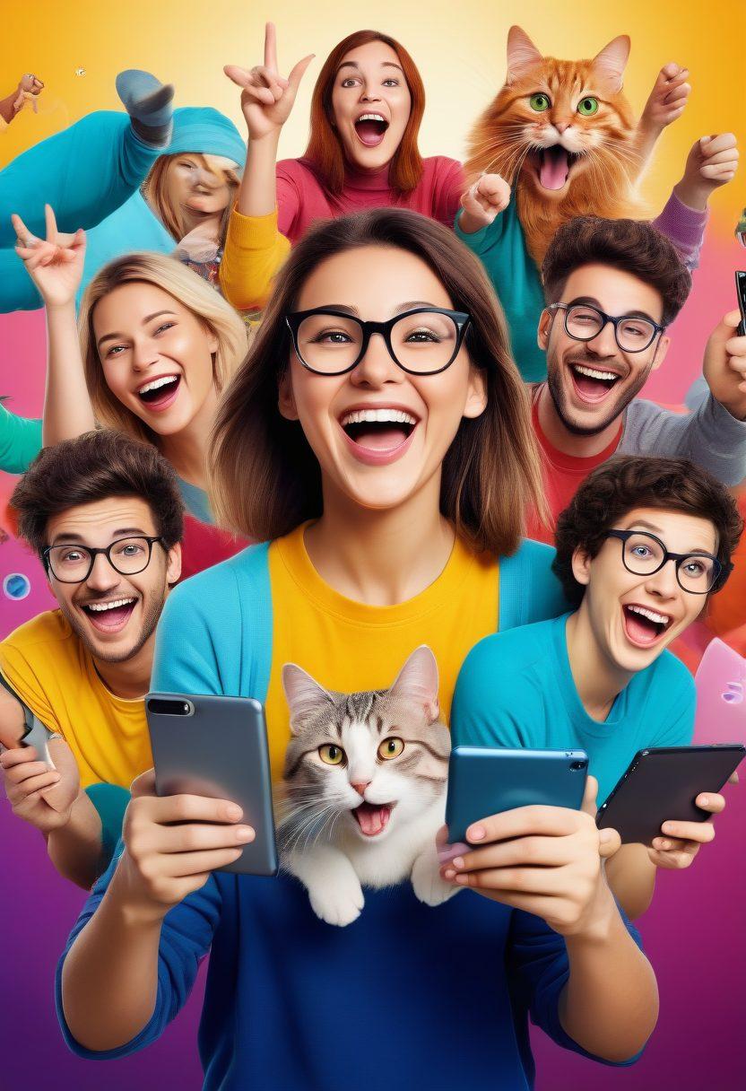 A vibrant collage of people laughing and watching short video clips on various devices like smartphones, tablets, and laptops. Include elements of social media icons, like thumbs up and share buttons, floating around. Depict some humorous moments from videos, like someone tripping or a cat doing a funny trick. vibrant colors. modern and playful style.