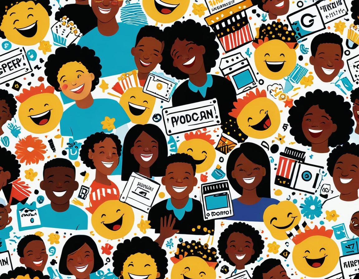 A colorful collage of laughing faces of diverse people, interspersed with clapperboards, popcorn, and smartphones displaying paused video snippets. The background has light-hearted icons like smiley faces and film reels. vibrant colors. cartoon style. white background.